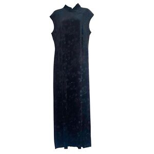 Vintage 90s Y2K Black Velvet Sparkle Beaded Maxi Dress Size L Mandarin Collar